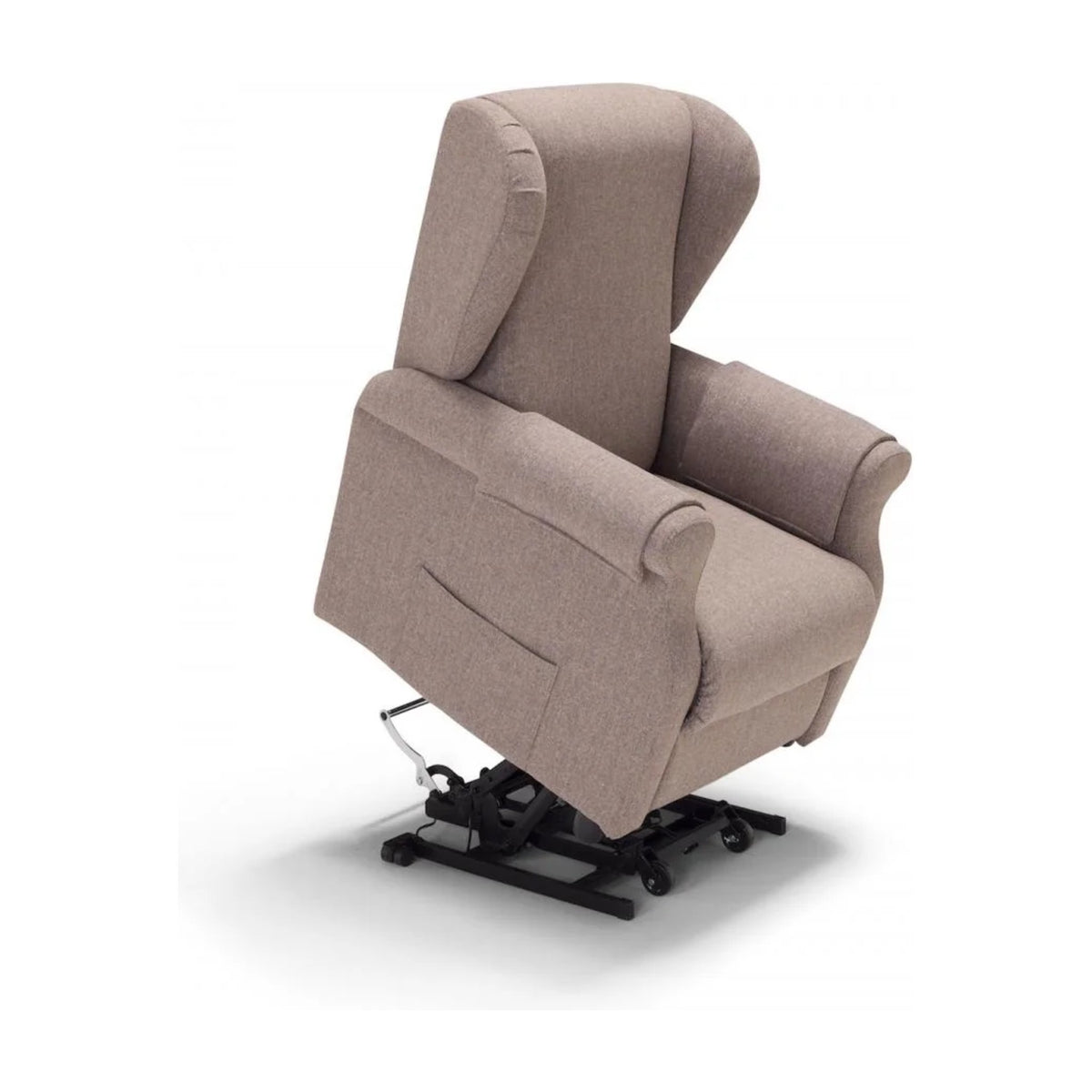 Lift Recliner Armchair Vanity Beige Domestica – Lift Function Raised, Three Quarter View on White