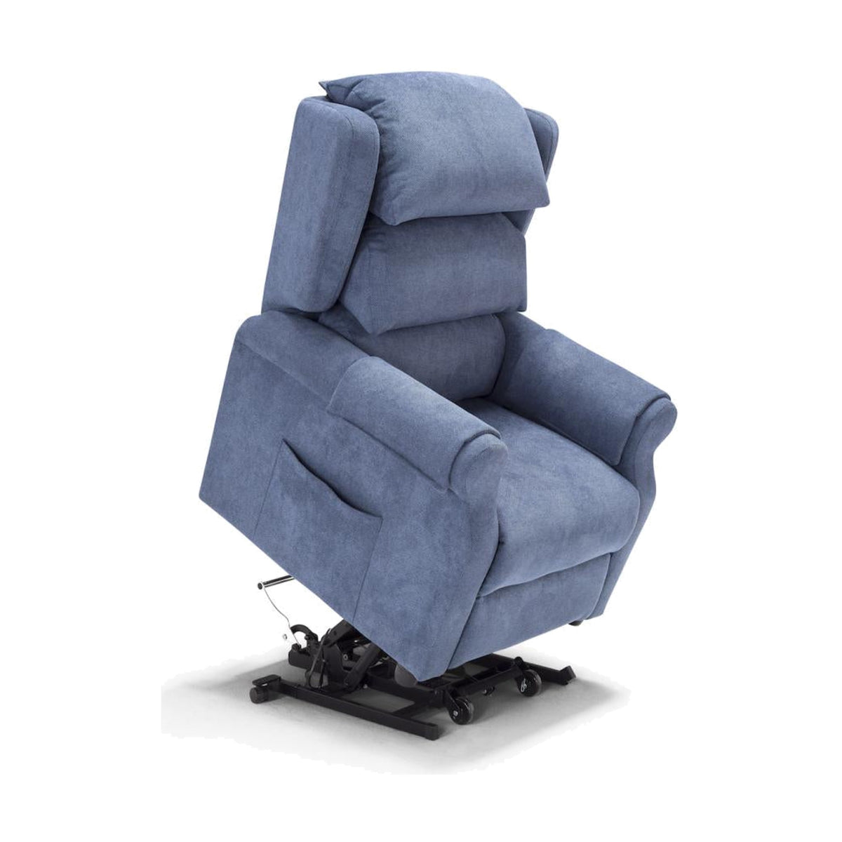 Lift Recliner Armchair Nuvola Blue Domestica – Lift Function Raised, Three Quarter View on White