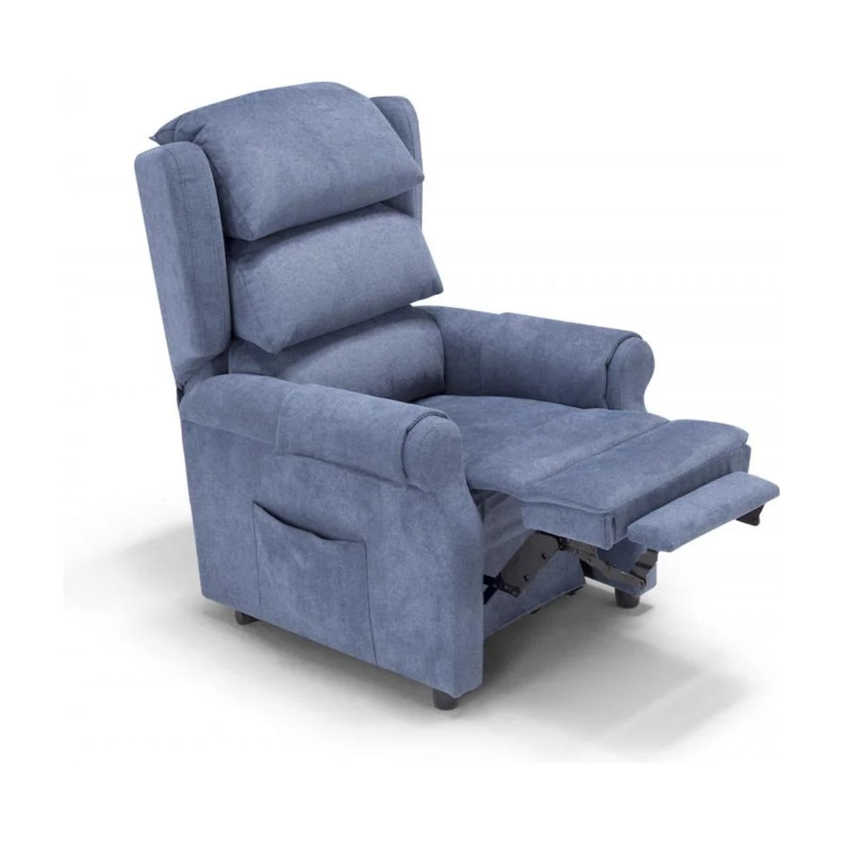 Lift Recliner Armchair Nuvola Blue Domestica – Footrest Raised, Three Quarter View on White