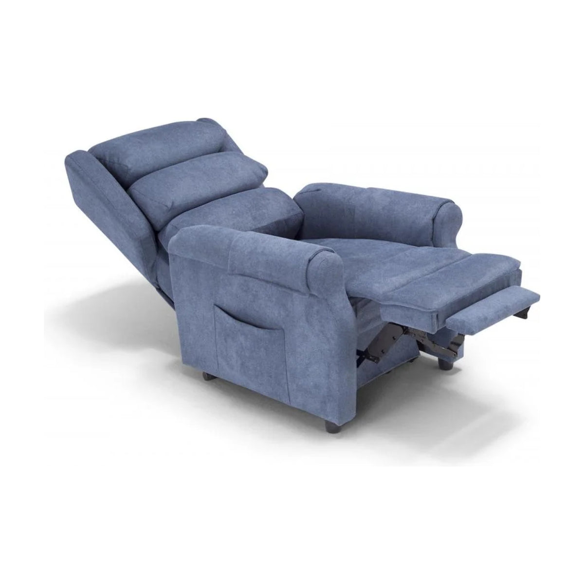 Lift Recliner Armchair Nuvola Blue Domestica – Fully Reclined, Three Quarter View on White