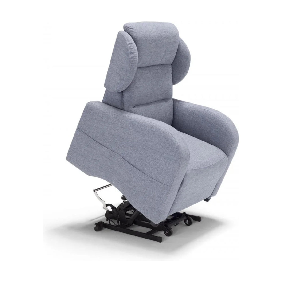 Lift Recliner Armchair Mamy Light Blue Domestica – Lift Function Raised, Three Quarter View on White