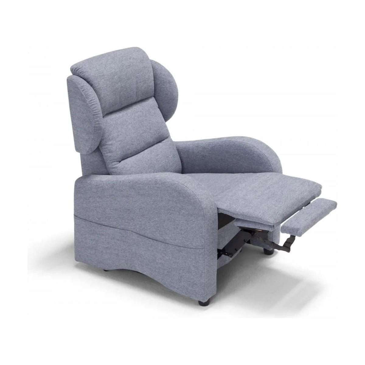 Lift Recliner Armchair Mamy Light Blue Domestica – Footrest Raised, Three Quarter View on White