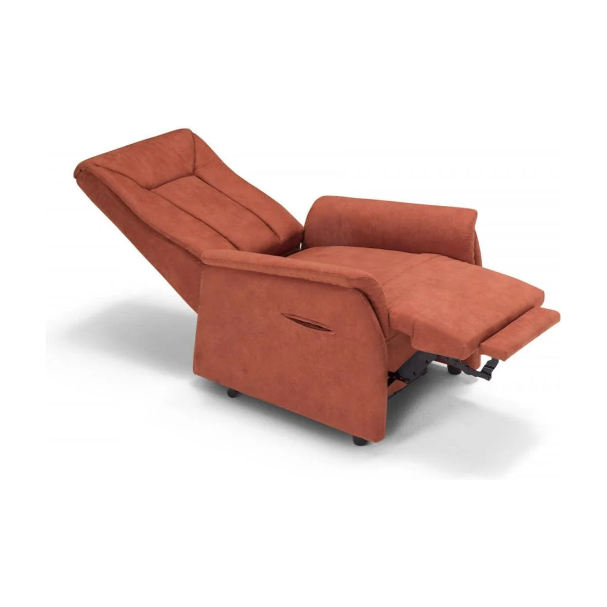 Lift Recliner Armchair Galà Terracotta Domestica – Fully Reclined, Three Quarter View on White