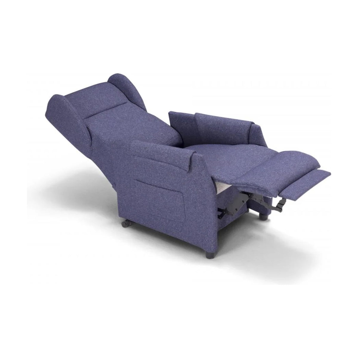 Lift Recliner Armchair Easy Blue Domestica – Fully Reclined, Three Quarter View on White
