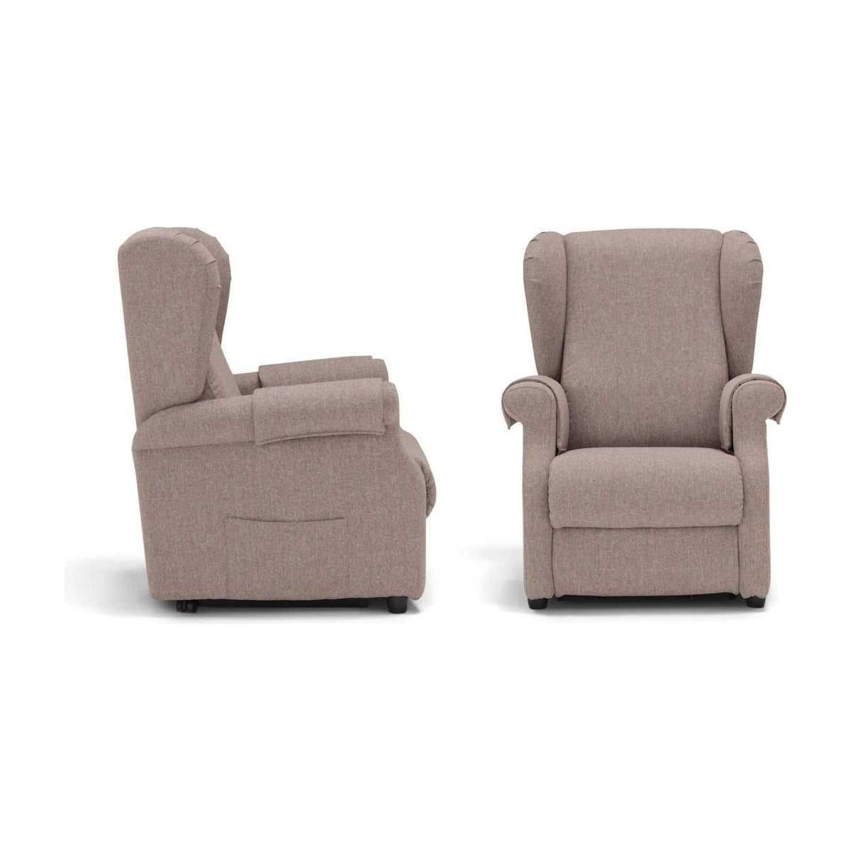 Lift Recliner Armchair Vanity Beige Domestica – Side and Front Views on White