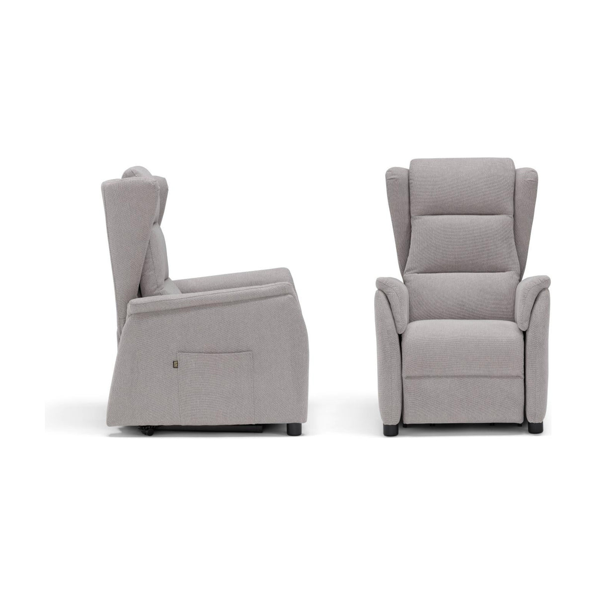 Lift Recliner Armchair Denim Light Grey Domestica – Side and Front Views on White