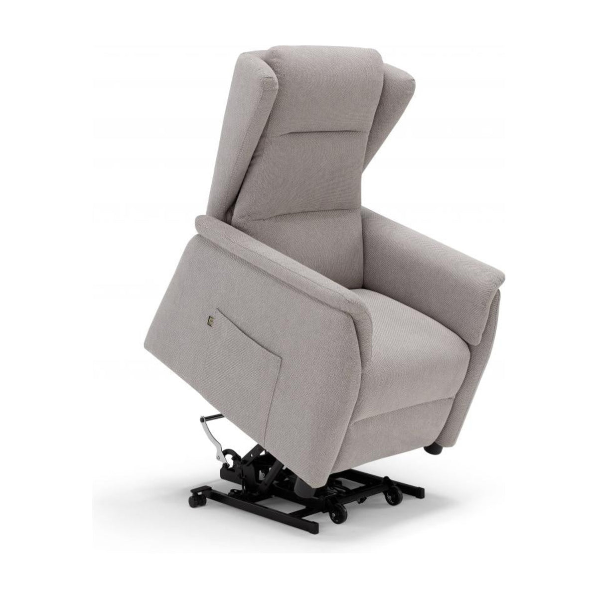 Lift Recliner Armchair Denim Light Grey Domestica – Lift Function Raised, Three Quarter View on White