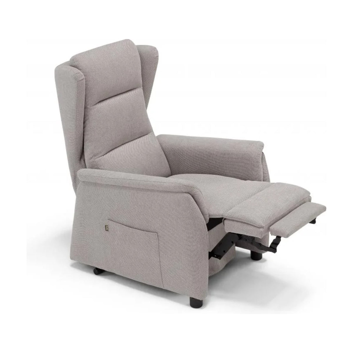 Lift Recliner Armchair Denim Light Grey Domestica – Footrest Raised, Three Quarter View on White