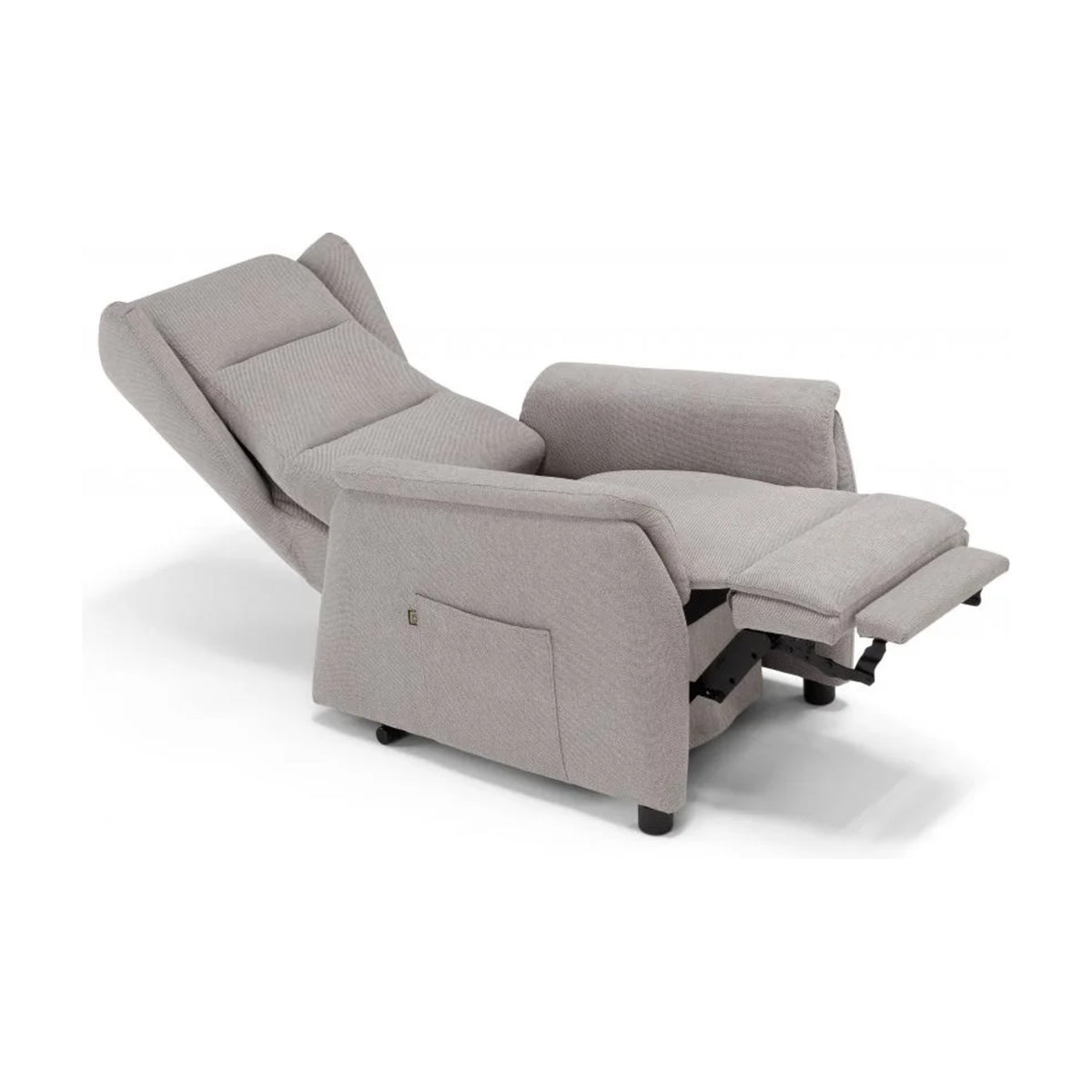 Lift Recliner Armchair Denim Light Grey Domestica – Fully Reclined, Three Quarter View on White