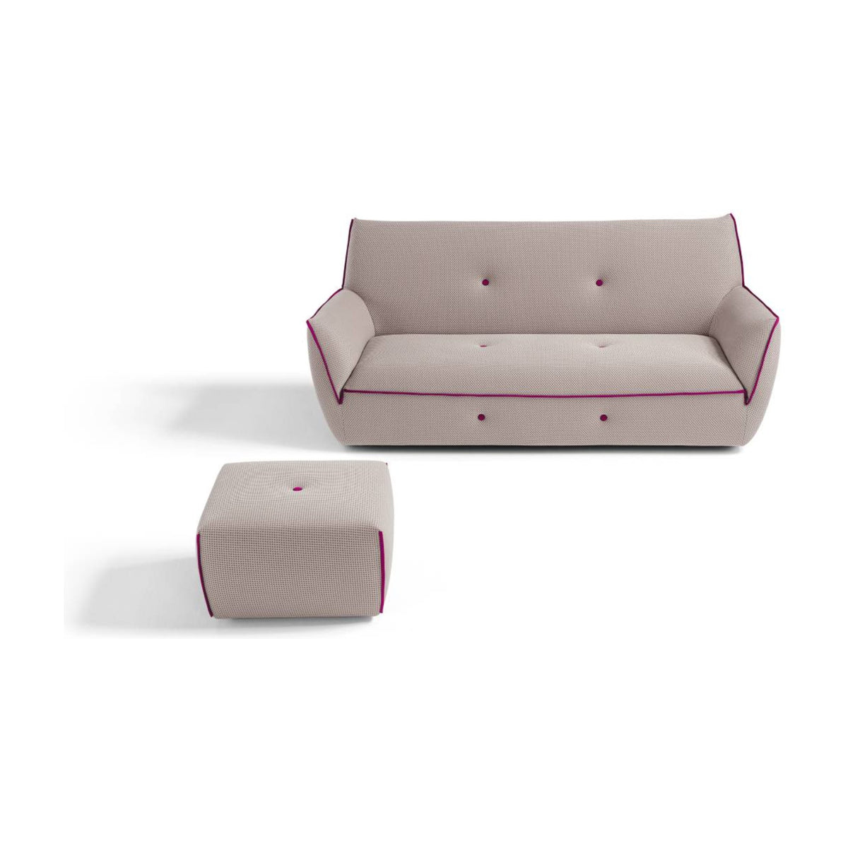 Sofa Yuki 2P Maxi Cream Fuchsia Domestica – Front View with Pouf on White