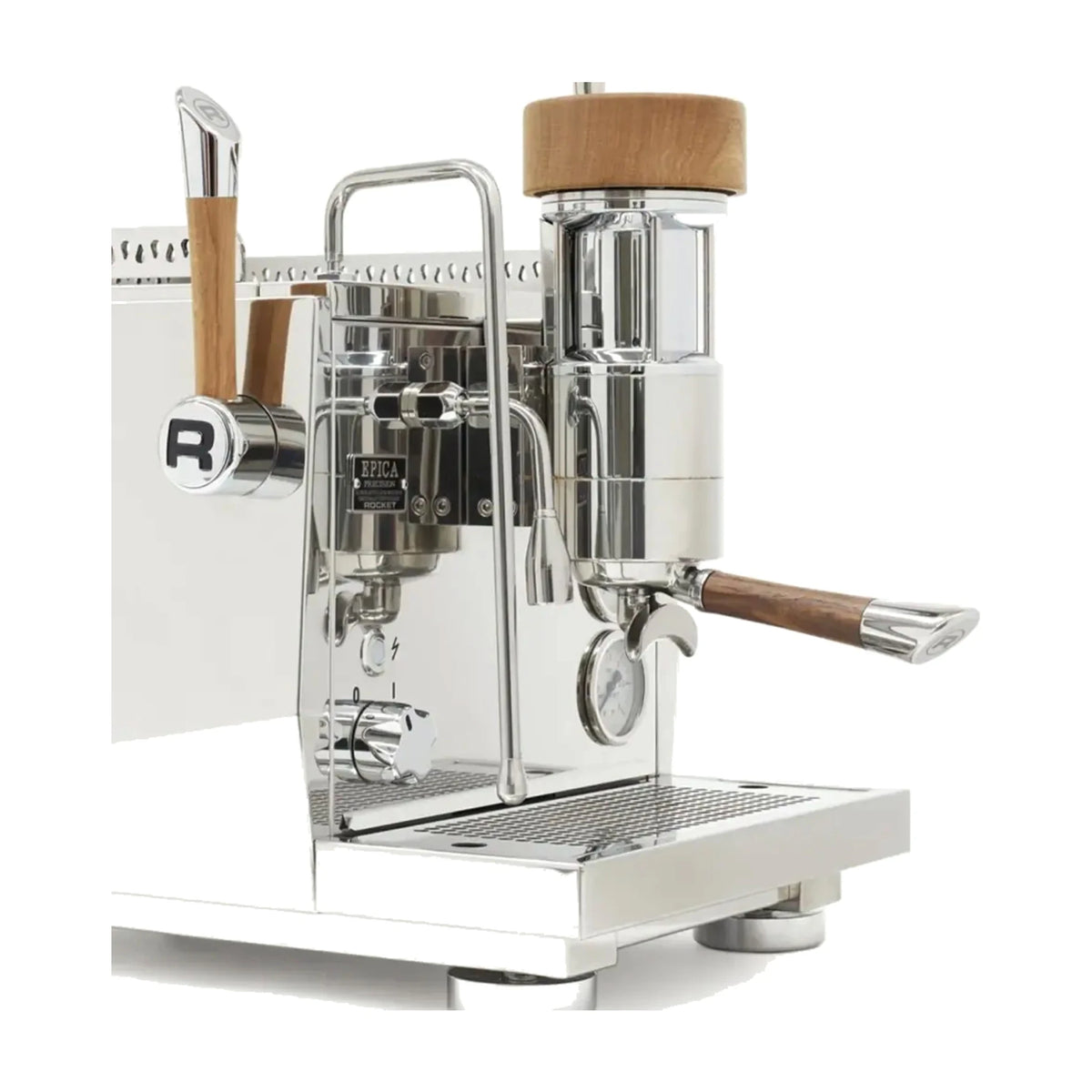 Espresso Machine Epica Rocket Espresso Domestica – Group Head and Wooden Handles Close-up