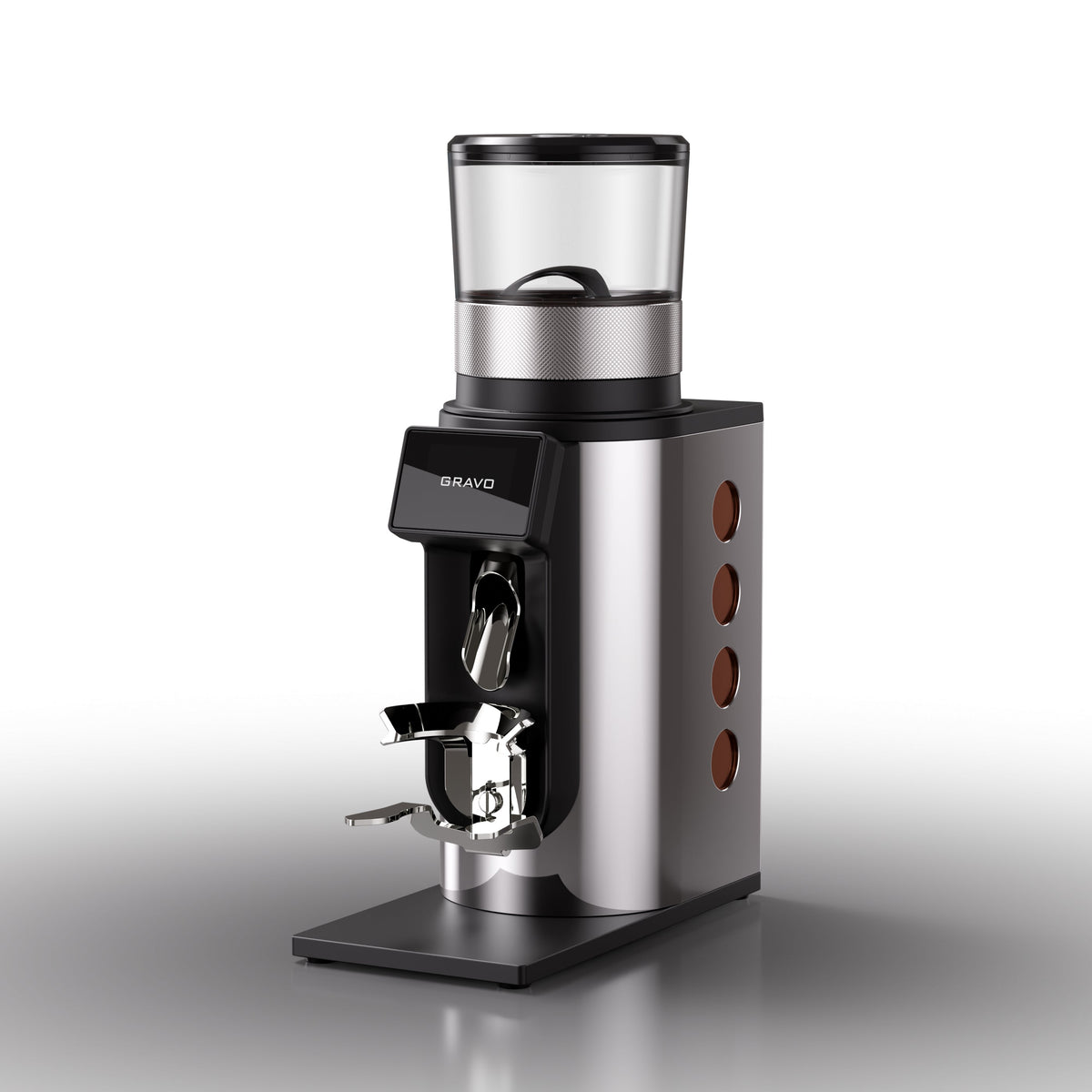 Coffee Grinder GRAVO Rocket Espresso Domestica – Appartamento (Chrome with Copper Inserts) – Three Quarter View on White