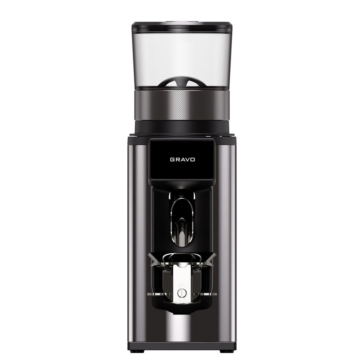 Coffee Grinder GRAVO Rocket Espresso Domestica – Chrome – Front View on White