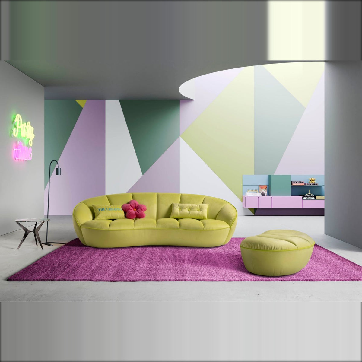 Shai Domestica – Lifestyle – Green Sofa and Pouf on a Pink Rug