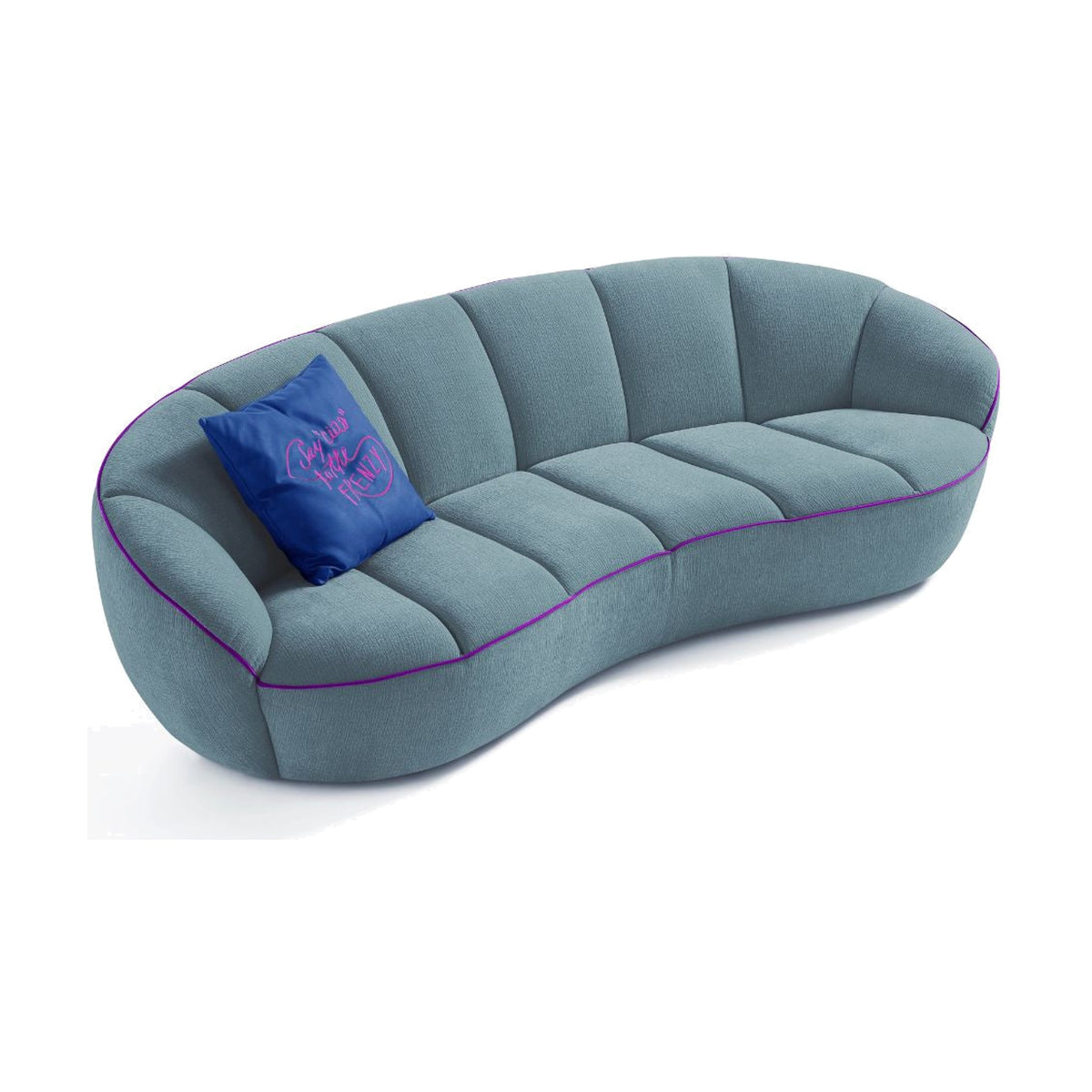 Egoitaliano Shai 3-Seater Curved Sofa Steel Blue Fabric Purple Piping Domestica – Angle View