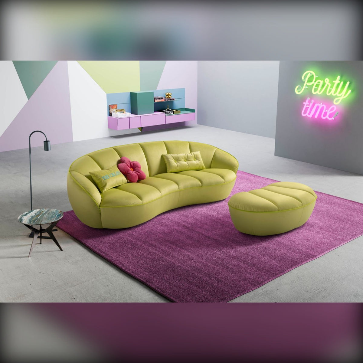 Shai Domestica – Lifestyle – Green Sofa and Pouf with Neon Sign