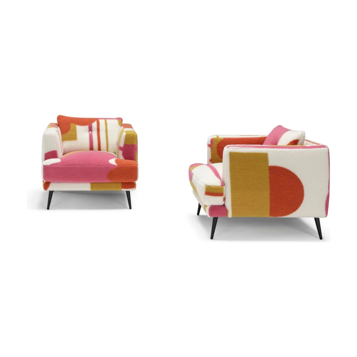 Sophia Domestica – Two Armchairs in Patterned Fabric, Front and Back Three Quarter Views