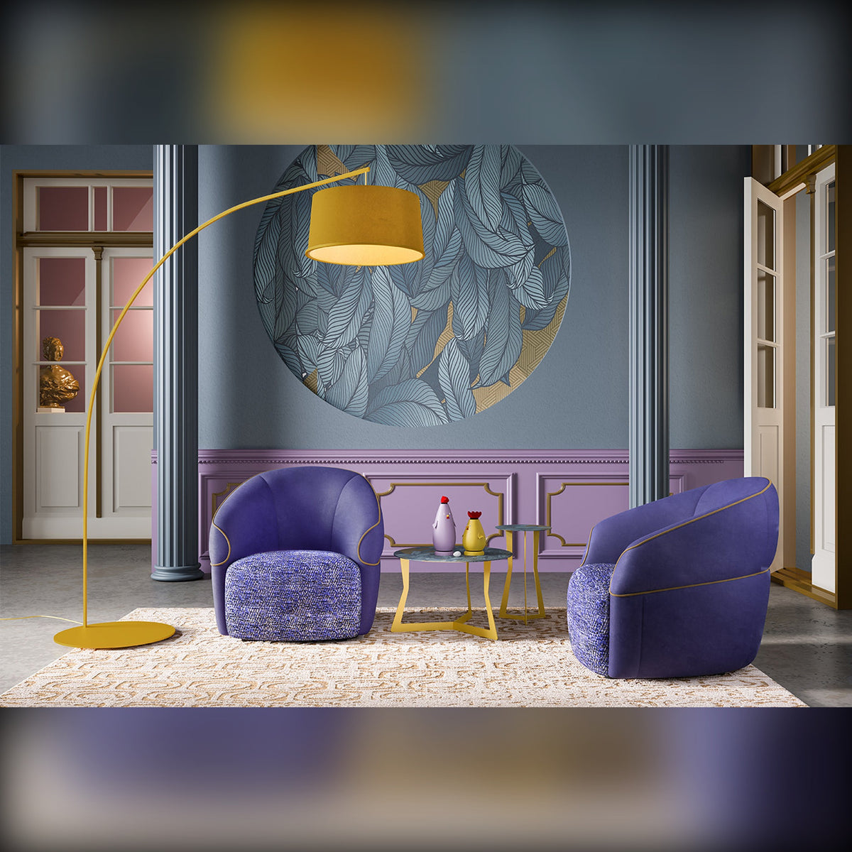 Suni Domestica – Lifestyle – Pair in a Blue Room with Arc Floor Lamp