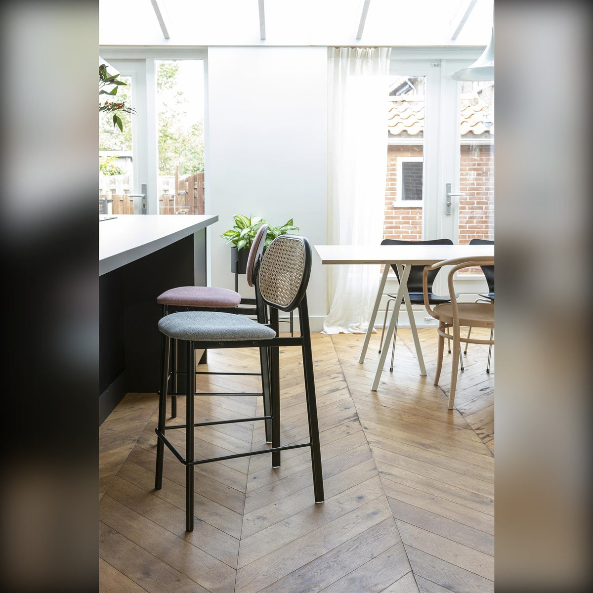 Counter Stool Spike Natural Grey Domestica – Lifestyle – At a Kitchen Island with Herringbone Floor