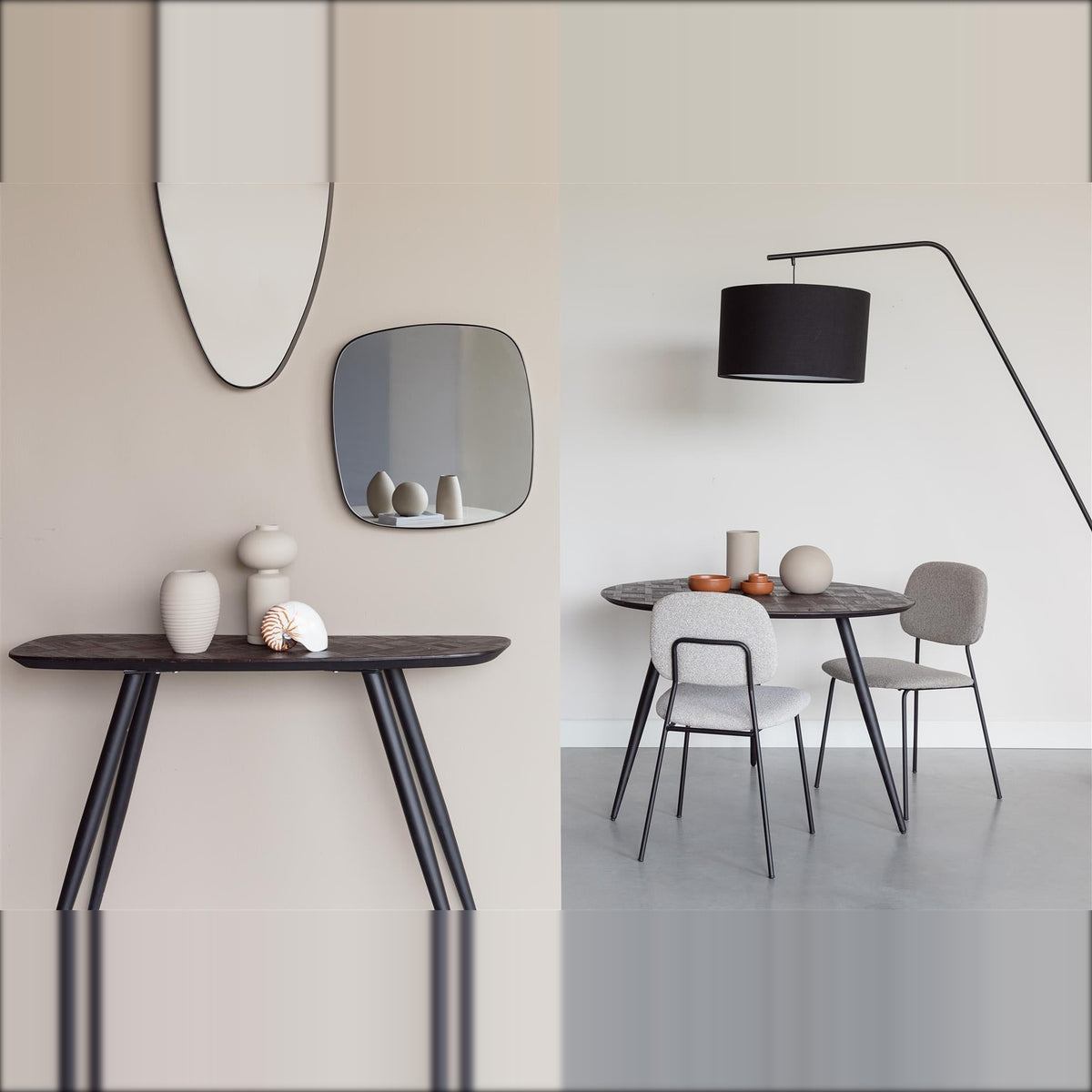 Dining Table Webster Round Brown Domestica – Lifestyle – With a Console Table and Floor Lamp