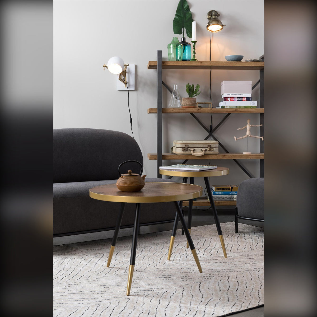 Coffee Table Denise Walnut Gold Domestica – Lifestyle – Lounge with Grey Sofa and Shelving, Close View