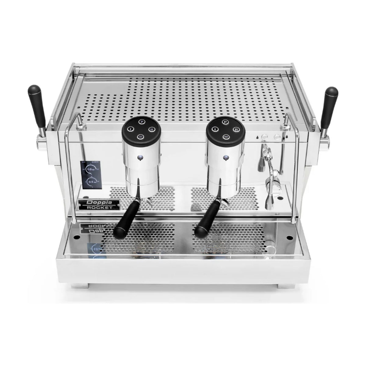 Coffee Machine RE Doppia Stainless Rocket Espresso Domestica – Elevated Front View on White