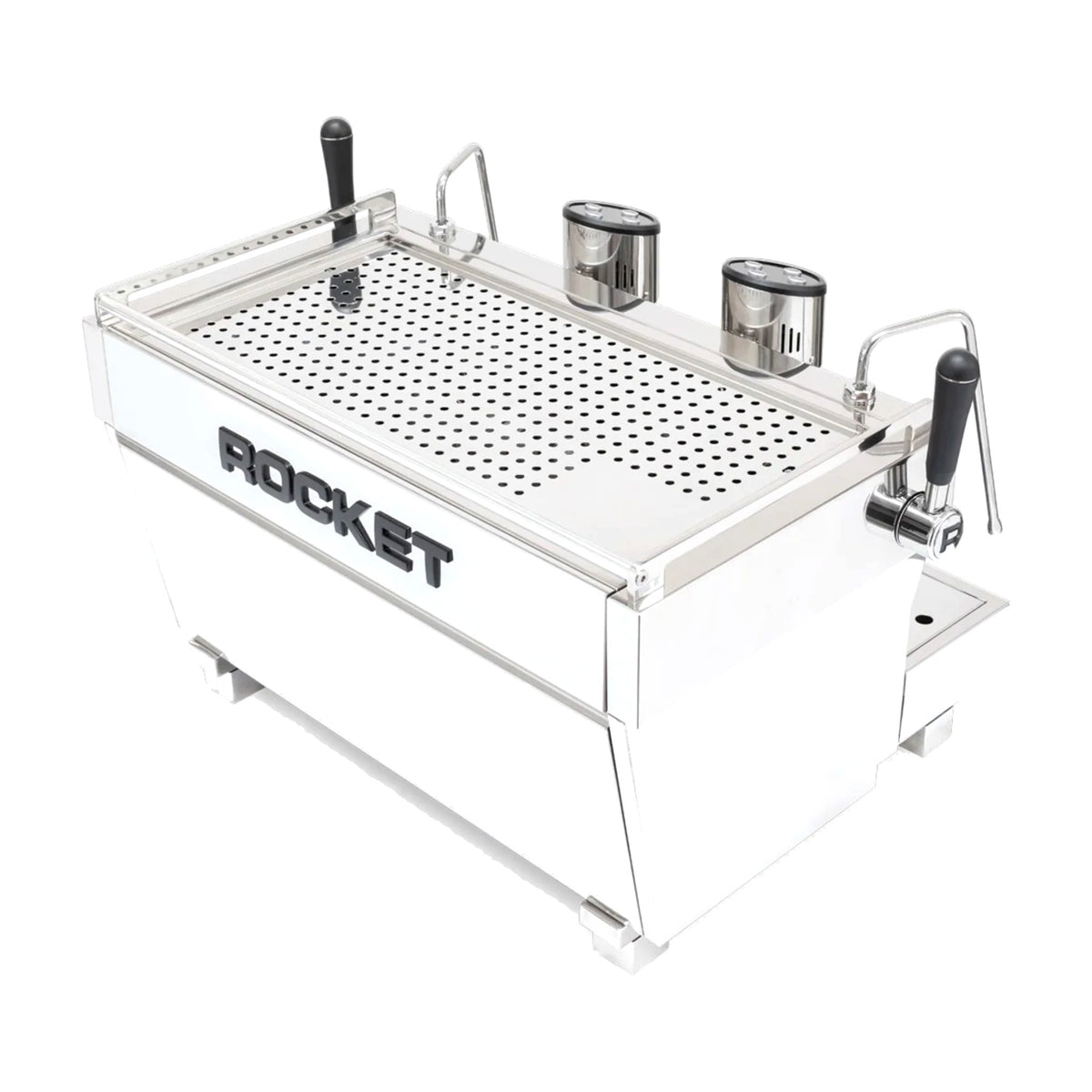 Coffee Machine RE Doppia Stainless Rocket Espresso Domestica – Elevated Back Three Quarter View on White