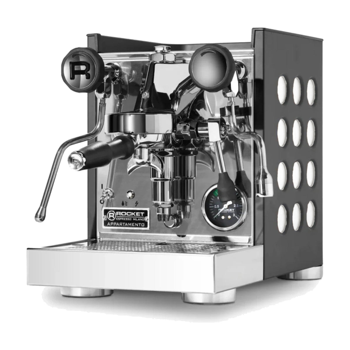 Espresso Machine Appartamento TCA Rocket Espresso Domestica – Black/White – Three Quarter View – Colour Digitally Matched
