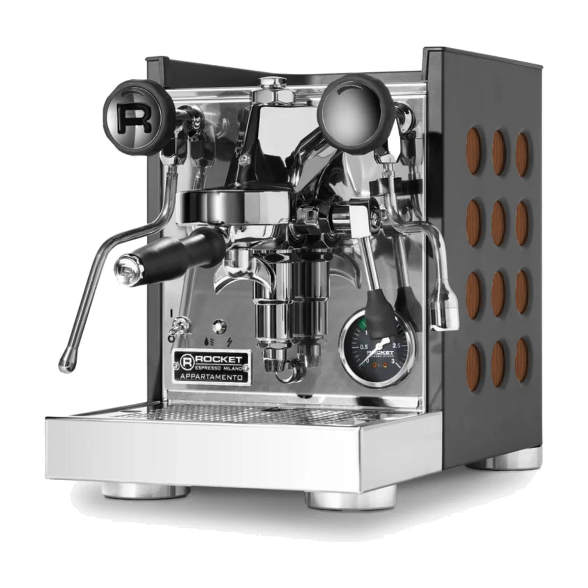 Espresso Machine Appartamento TCA Rocket Espresso Domestica – Black/Wood – Three Quarter View – Colour Digitally Matched