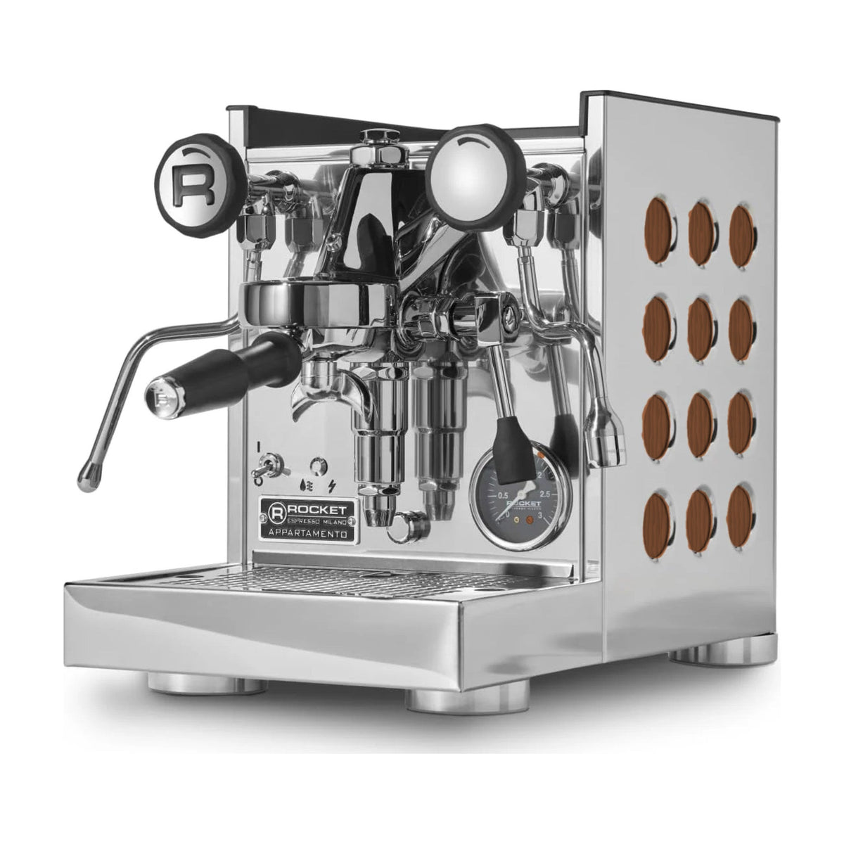 Espresso Machine Appartamento TCA Rocket Espresso Domestica – Inox/Wood – Three Quarter View – Colour Digitally Matched