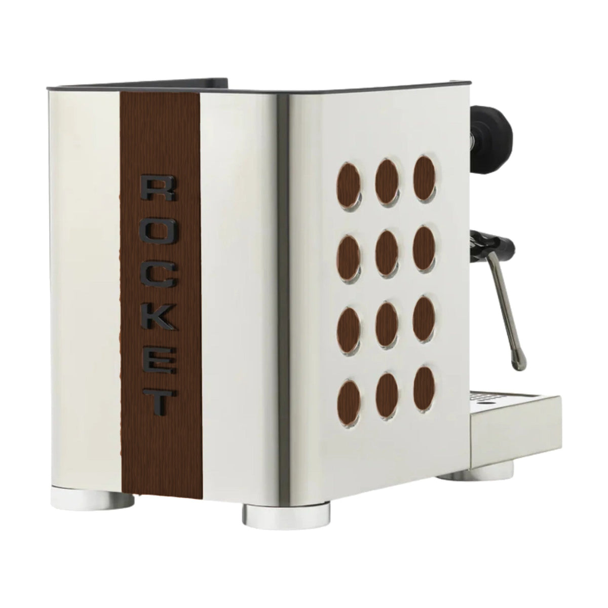 Espresso Machine Appartamento TCA Rocket Espresso Domestica – Inox/Wood – Rear View with Wood Logo Strip – Colour Digitally Matched