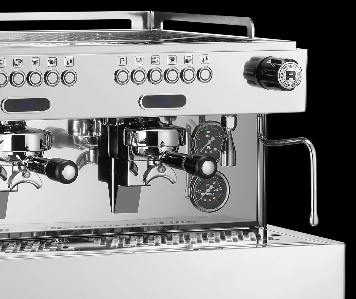 Coffee Machine RE A Timer Stainless Rocket Espresso Domestica – Group Heads and Controls Close-up