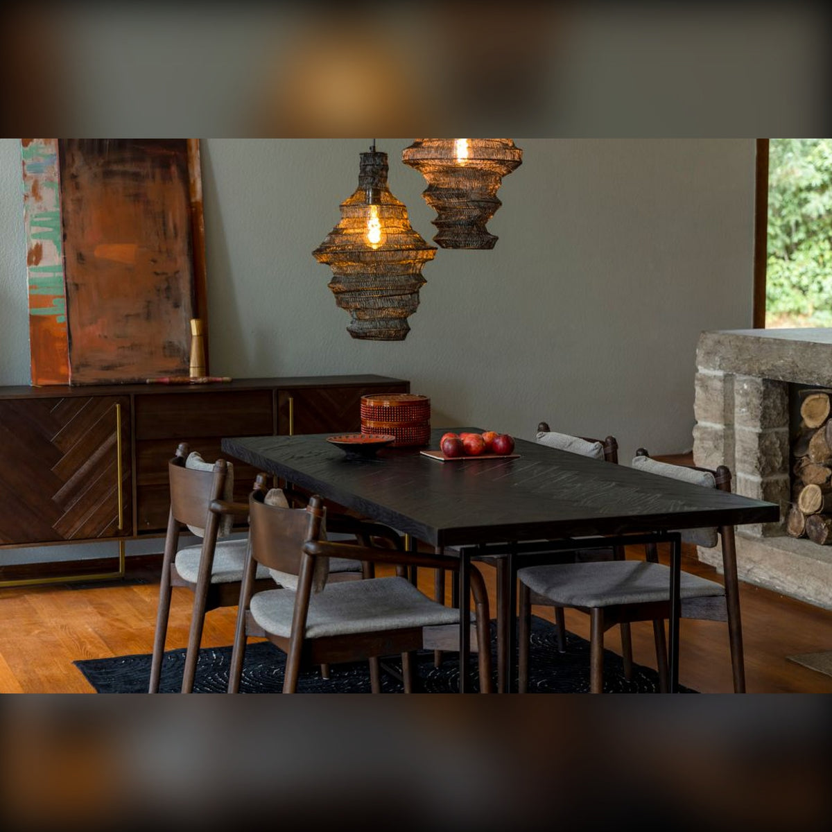 Sideboard Class High Golden Brown Domestica – Lifestyle – Behind a Black Dining Table with Pendant Lamps