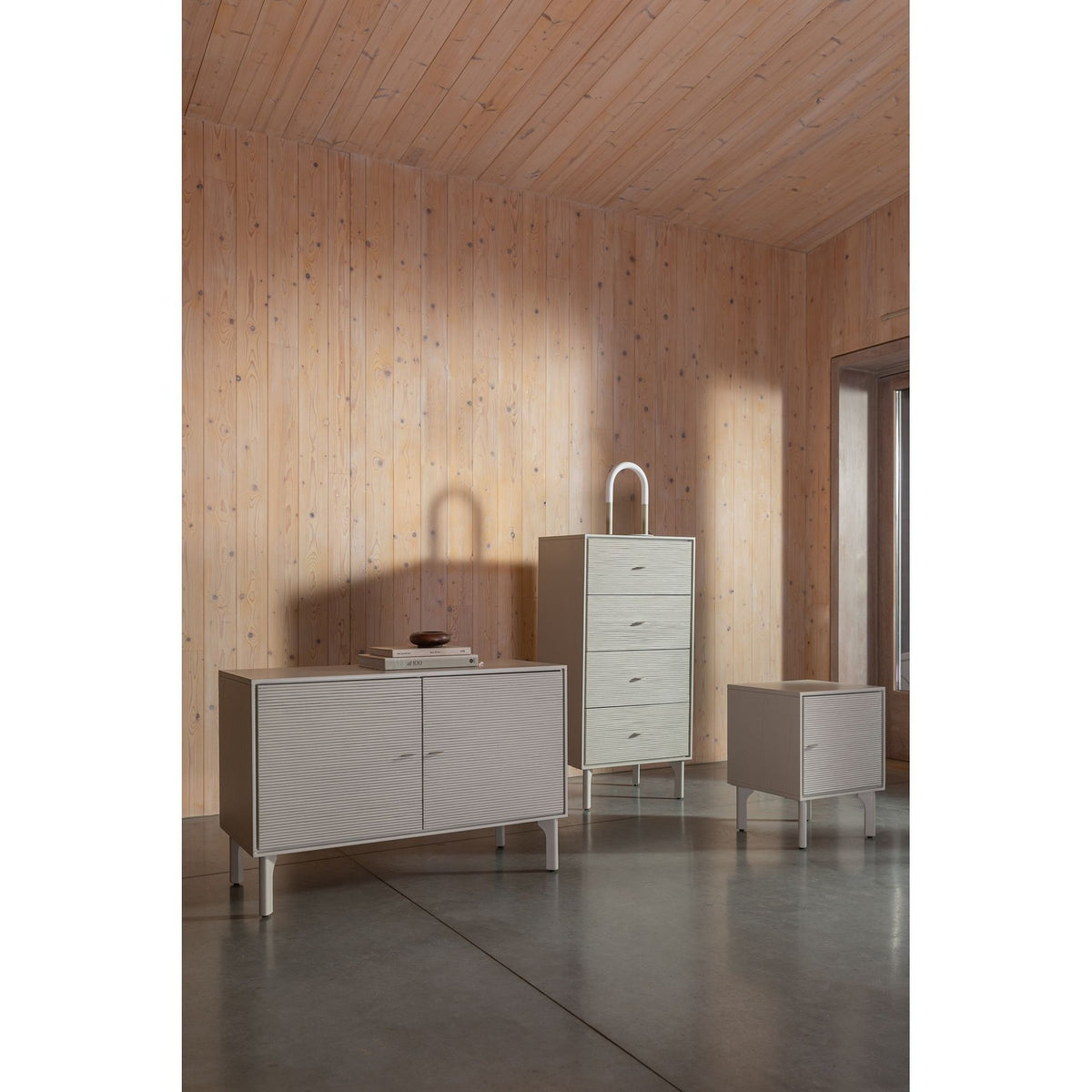Sideboard Morning 2 Doors Grey Domestica – Lifestyle – With Matching Cabinets Against a Wood Wall