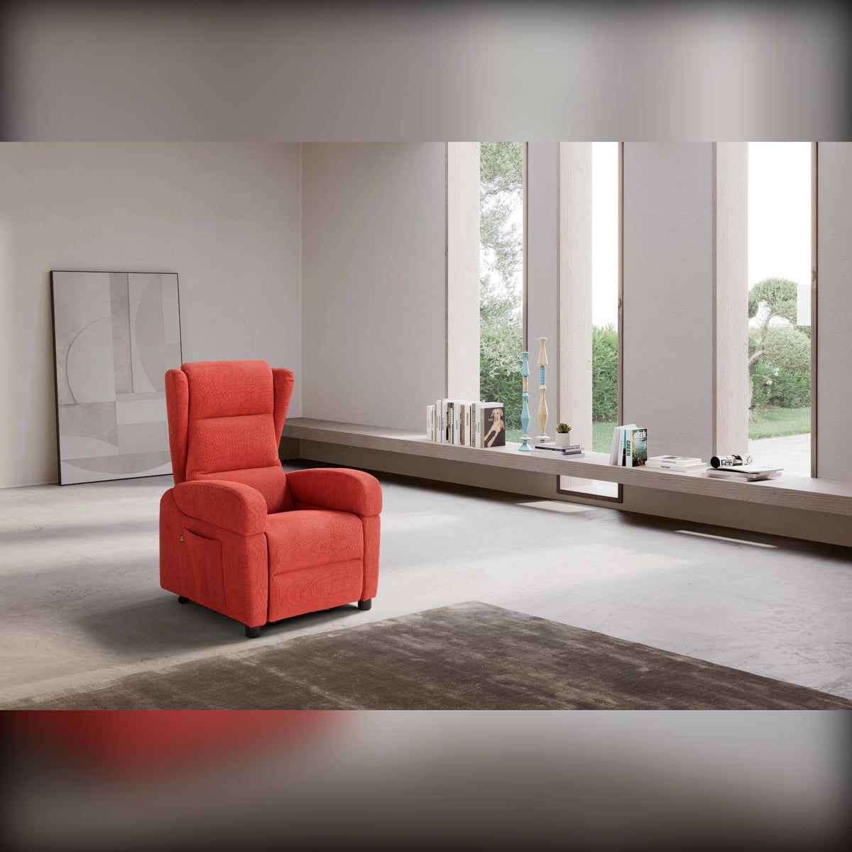 Lift Recliner Armchair Batik Red Domestica – Lifestyle – In a Bright Living Room with Garden View