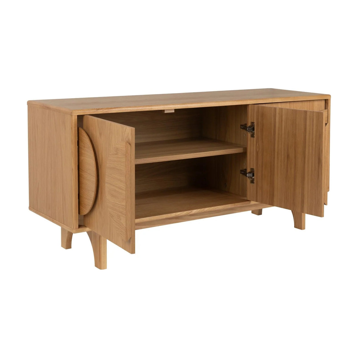 Sideboard Groove 3 Doors Natural Oak Domestica – Front View on White, Doors Open Showing Shelves