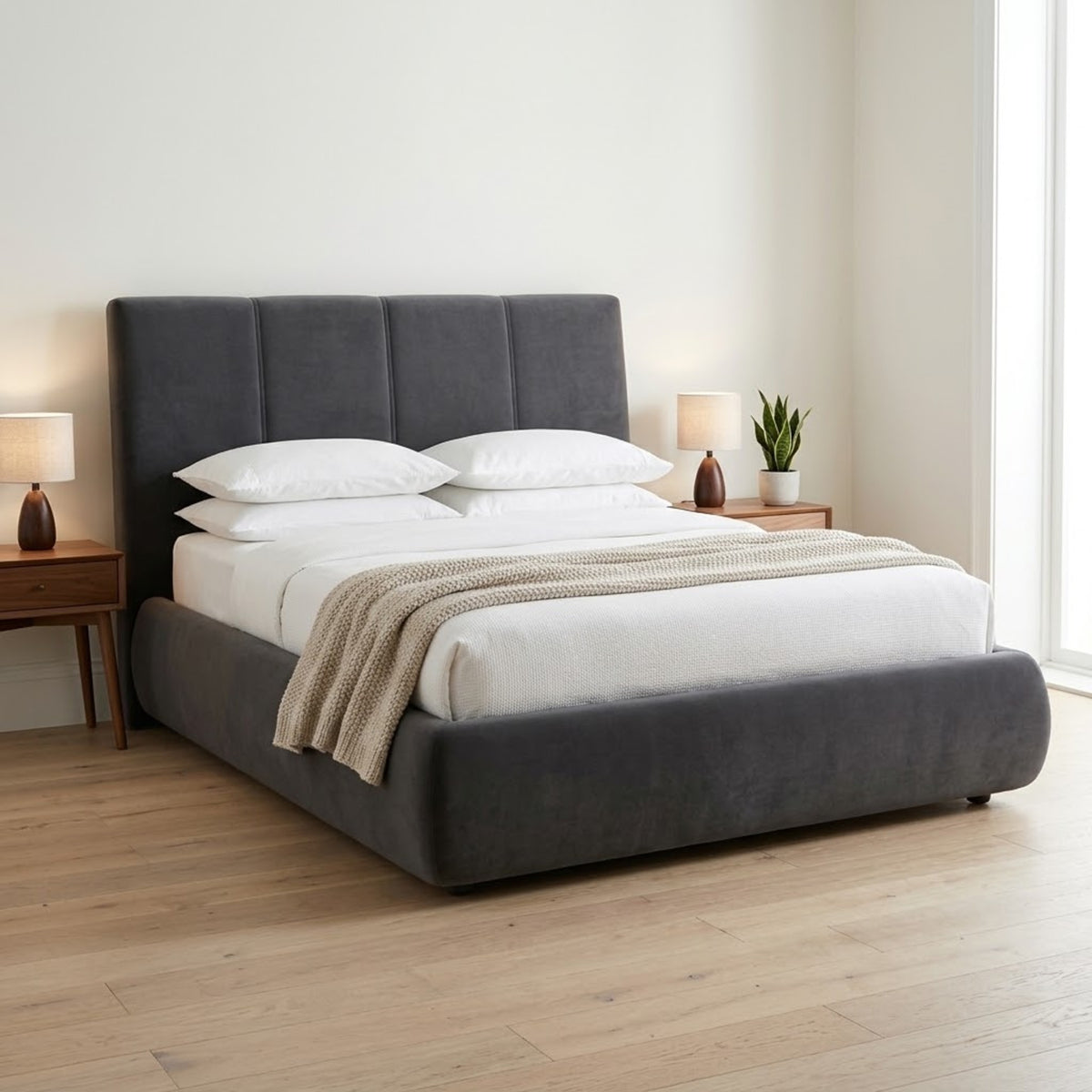 Bed Era Charcoal Grey Velvet Domestica – Lifestyle – Bright Bedroom with White Bedding and Walnut Bedside Tables