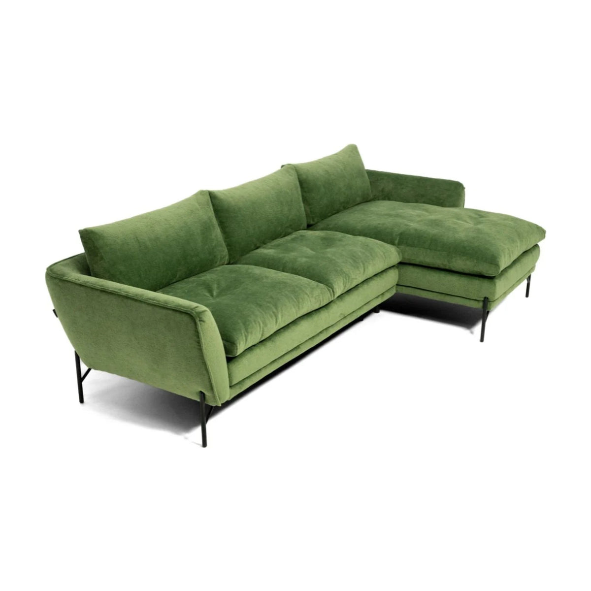 Bliss Domestica – Corner Sofa with Chaise, Three Quarter View on White in Green Fabric