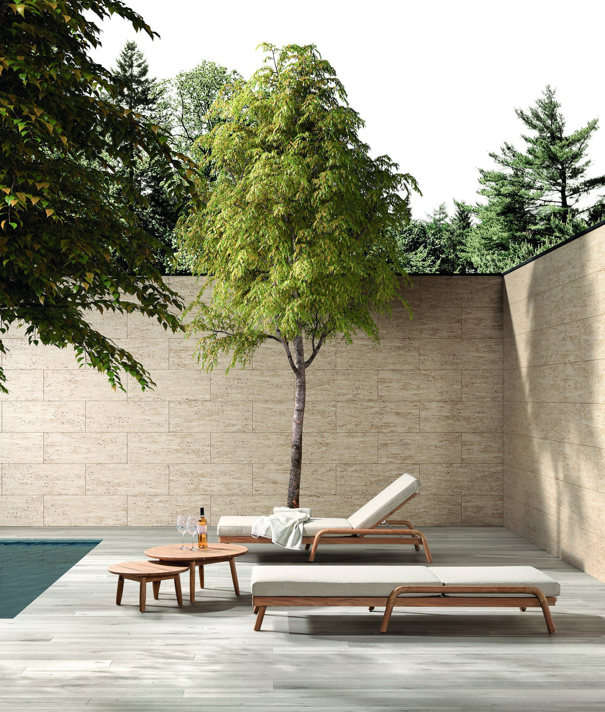 Sunlounger Boras Teak Natural Clay Domestica – Lifestyle – Poolside Terrace with Side Table