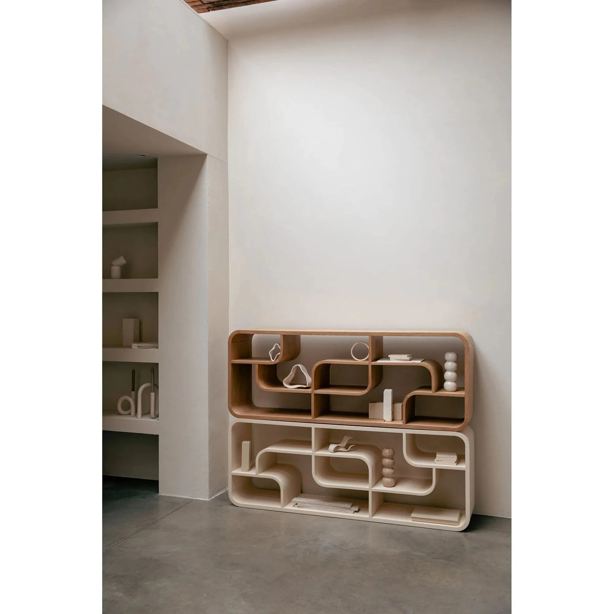 Cabinet Seven Natural Oak Domestica – Lifestyle – Placed Horizontally in a Plaster Alcove