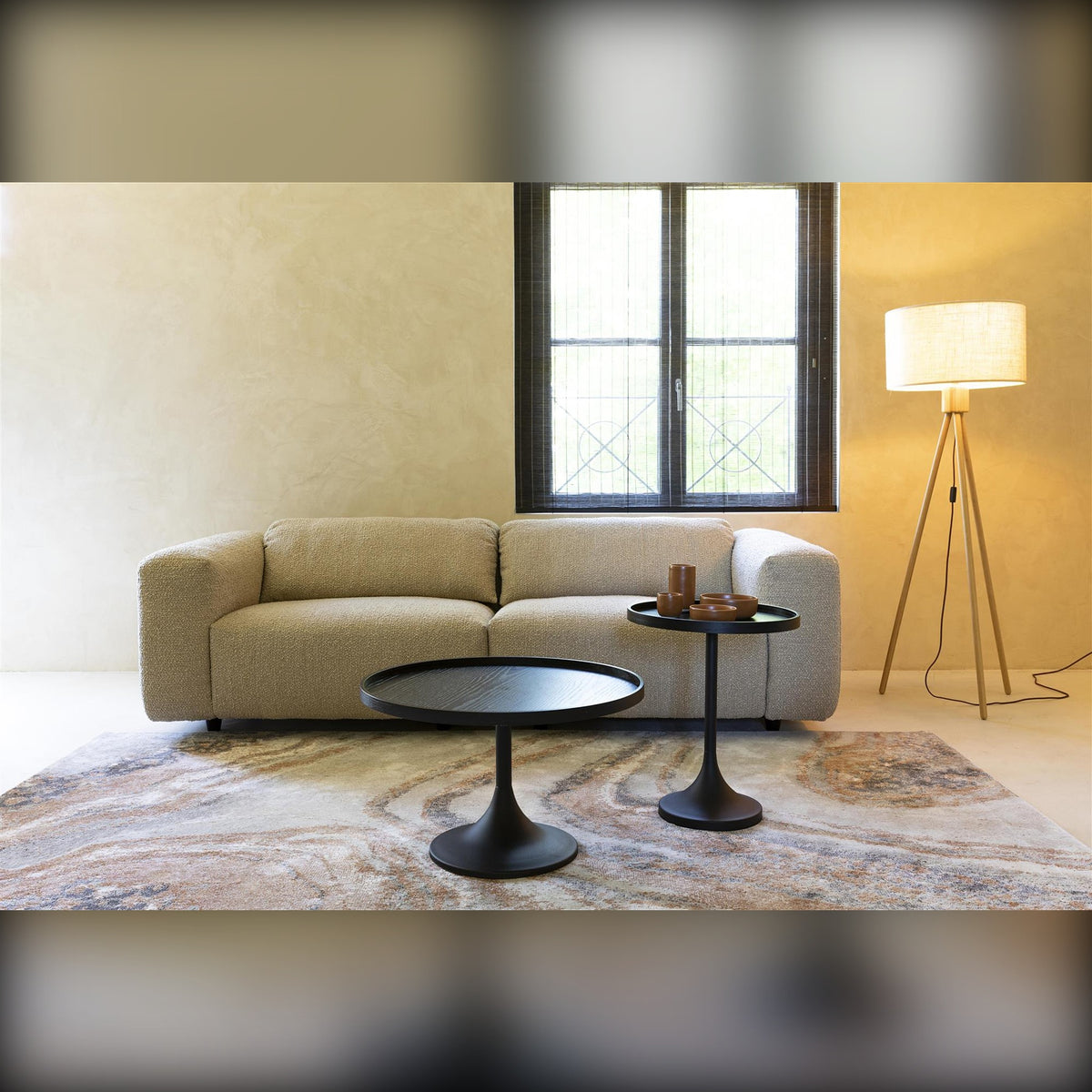 Floor Lamp Fan Bamboo Domestica – Lifestyle – Living Room with Sofa and Black Coffee Tables