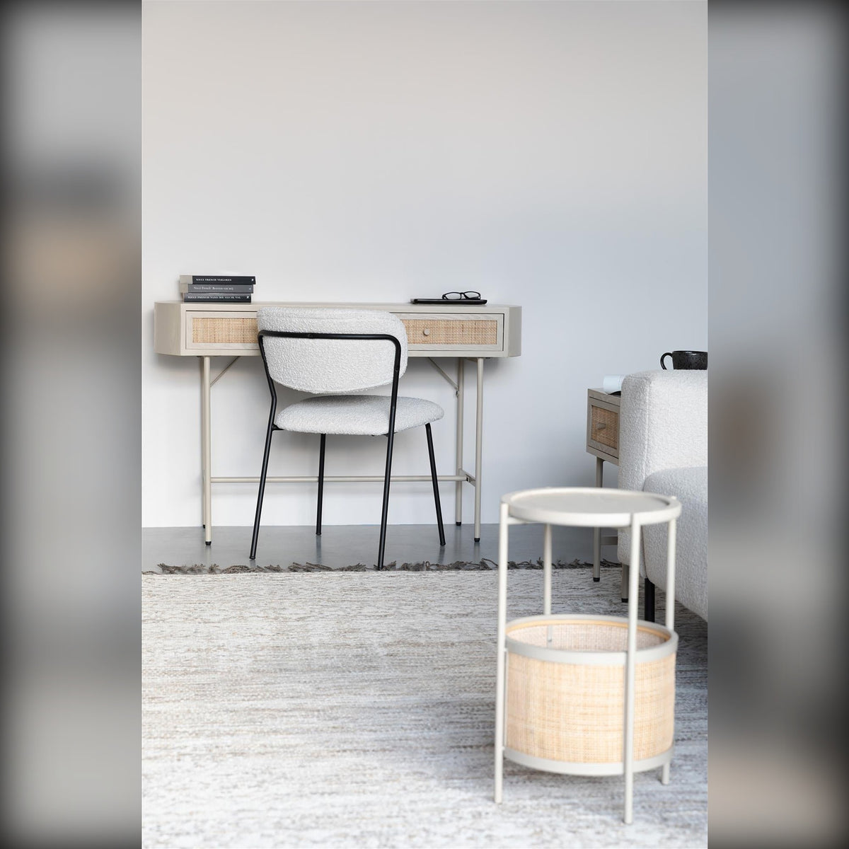 Console Table Amaya Beige Domestica – Lifestyle – Home Office with Chair and Side Table