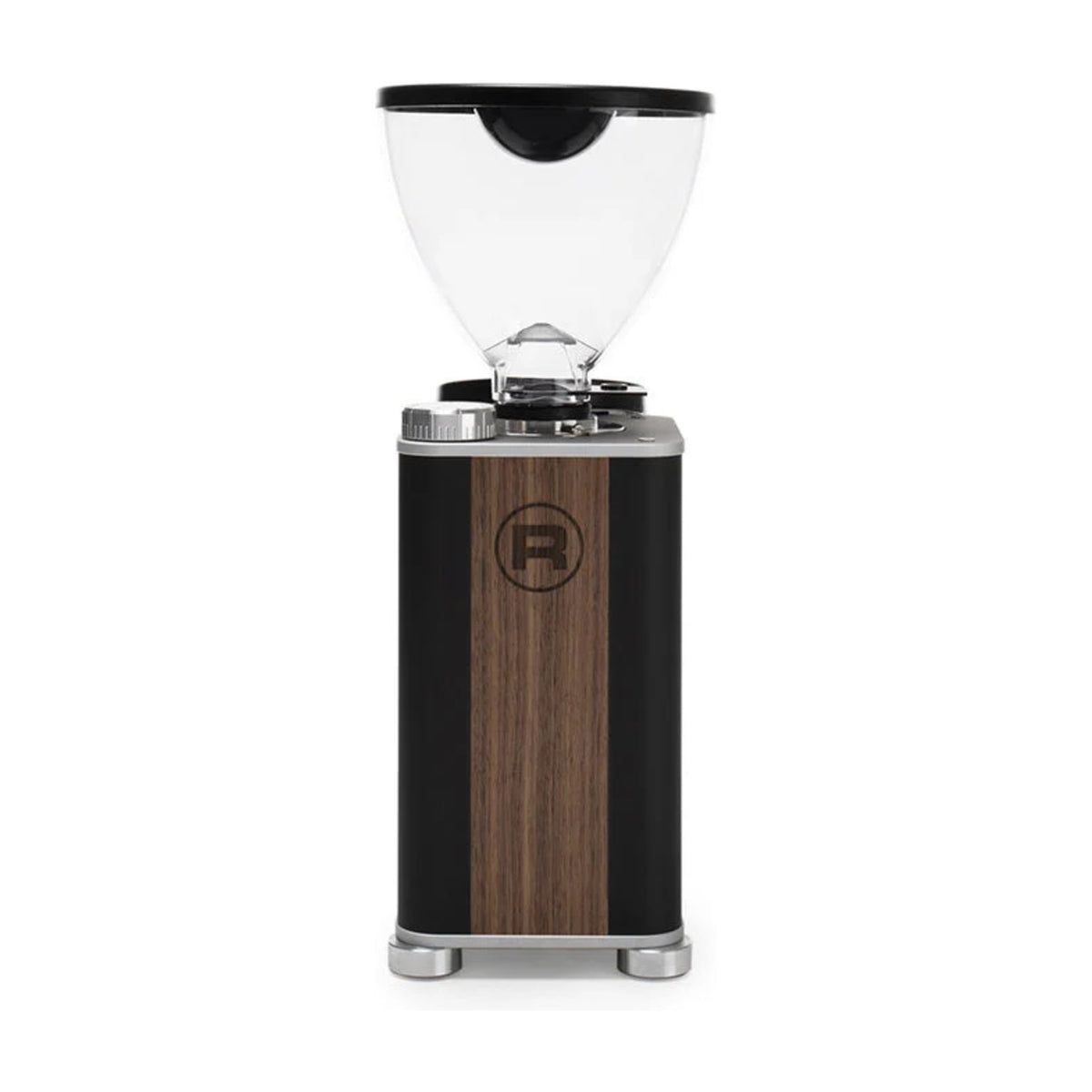Coffee Grinder Giannino Rocket Espresso Domestica – Black/Wood, Back View with Walnut Panel