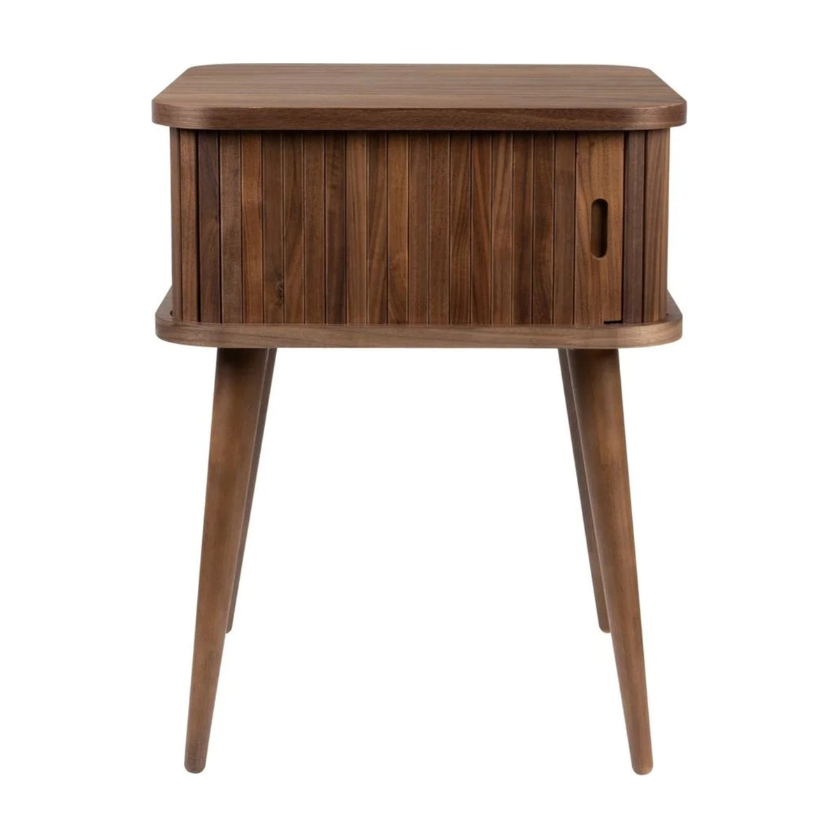 Side Table Barbier Walnut Domestica – Front View on White, Door Closed