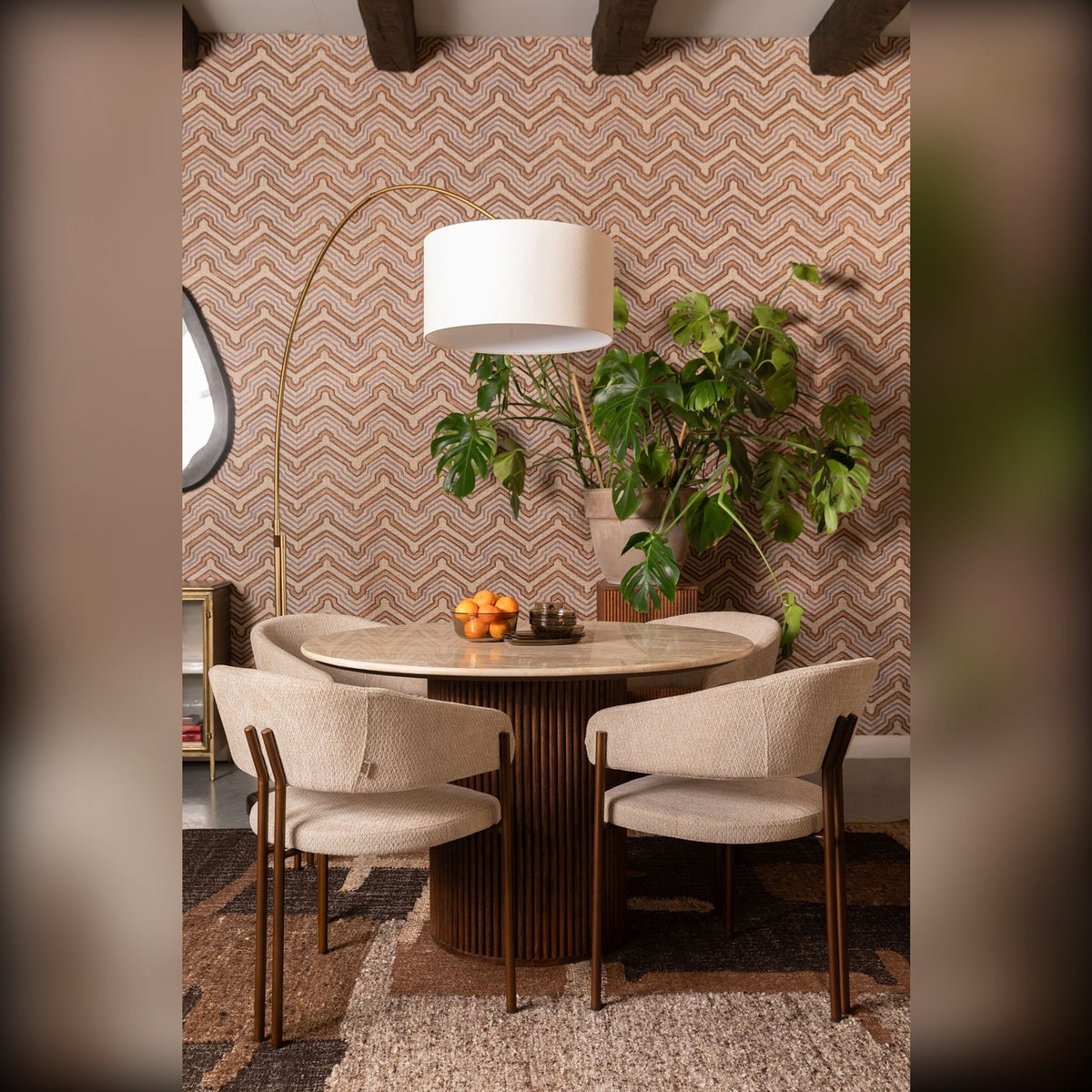 Dining Chair Naida Beige Domestica – Lifestyle – Round Dining Table Setting with Arc Lamp