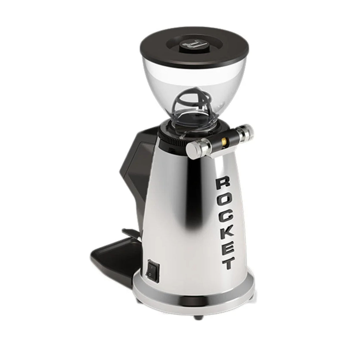 Coffee Grinder Spluga Rocket Espresso Domestica – Chrome, Rear Three Quarter View on White, Second Angle