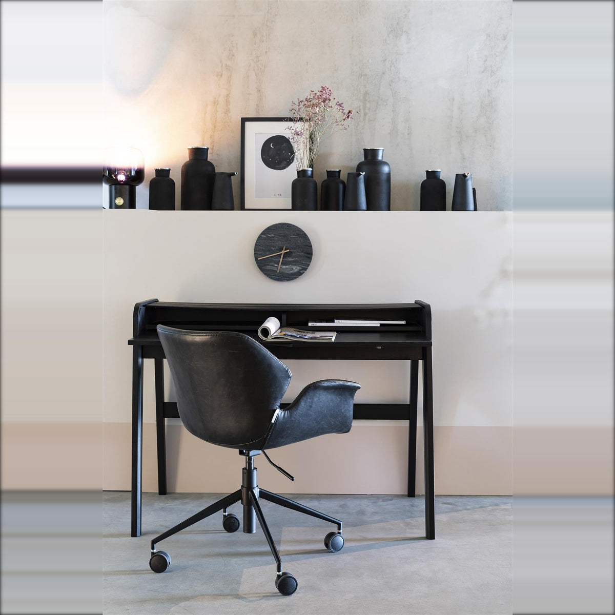 Desk Table Barbier Black Domestica – Lifestyle – With Blue Office Chair