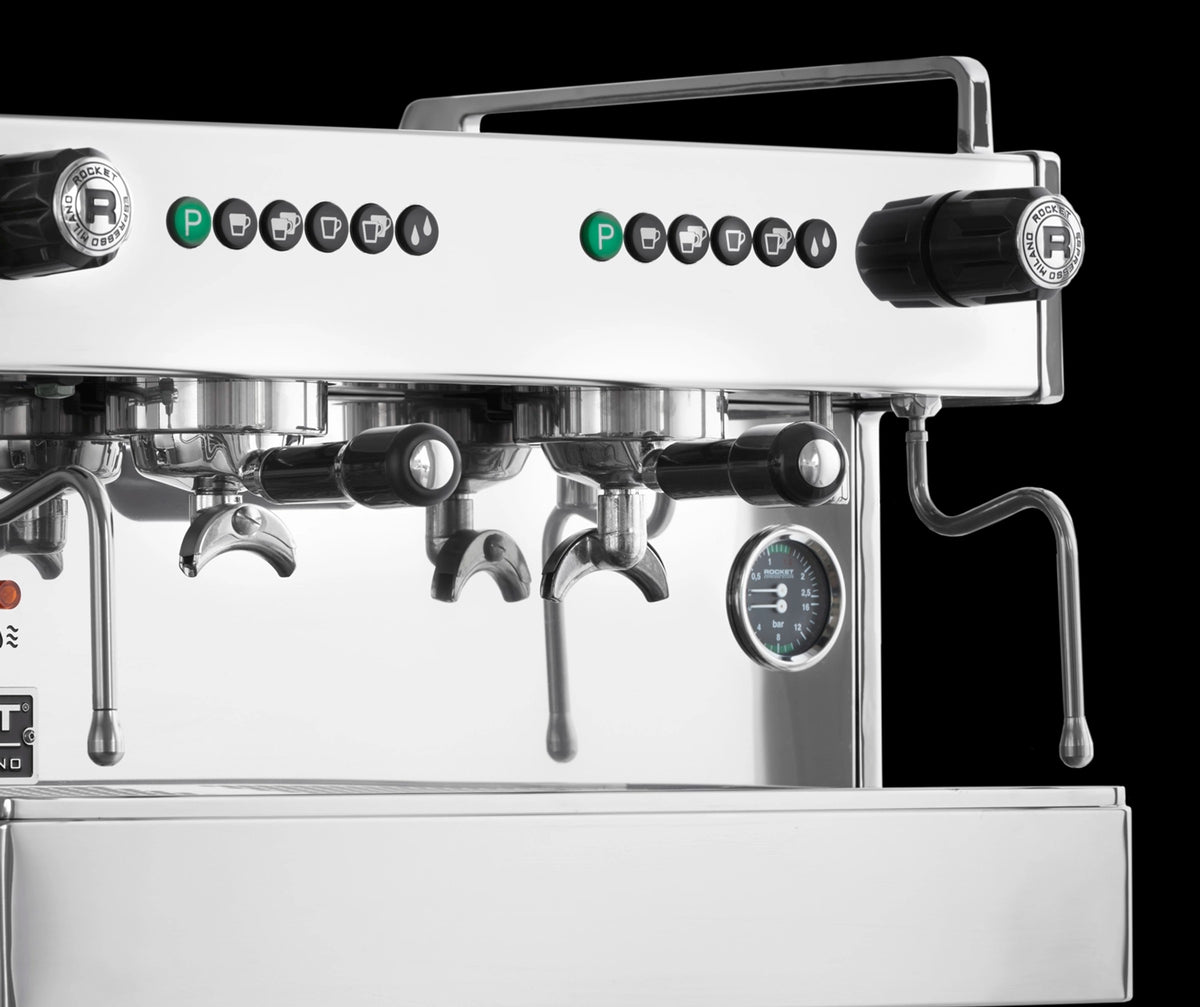 Coffee Machine BOXER Stainless Rocket Espresso Domestica – Control Panel and Group Heads Detail on Black