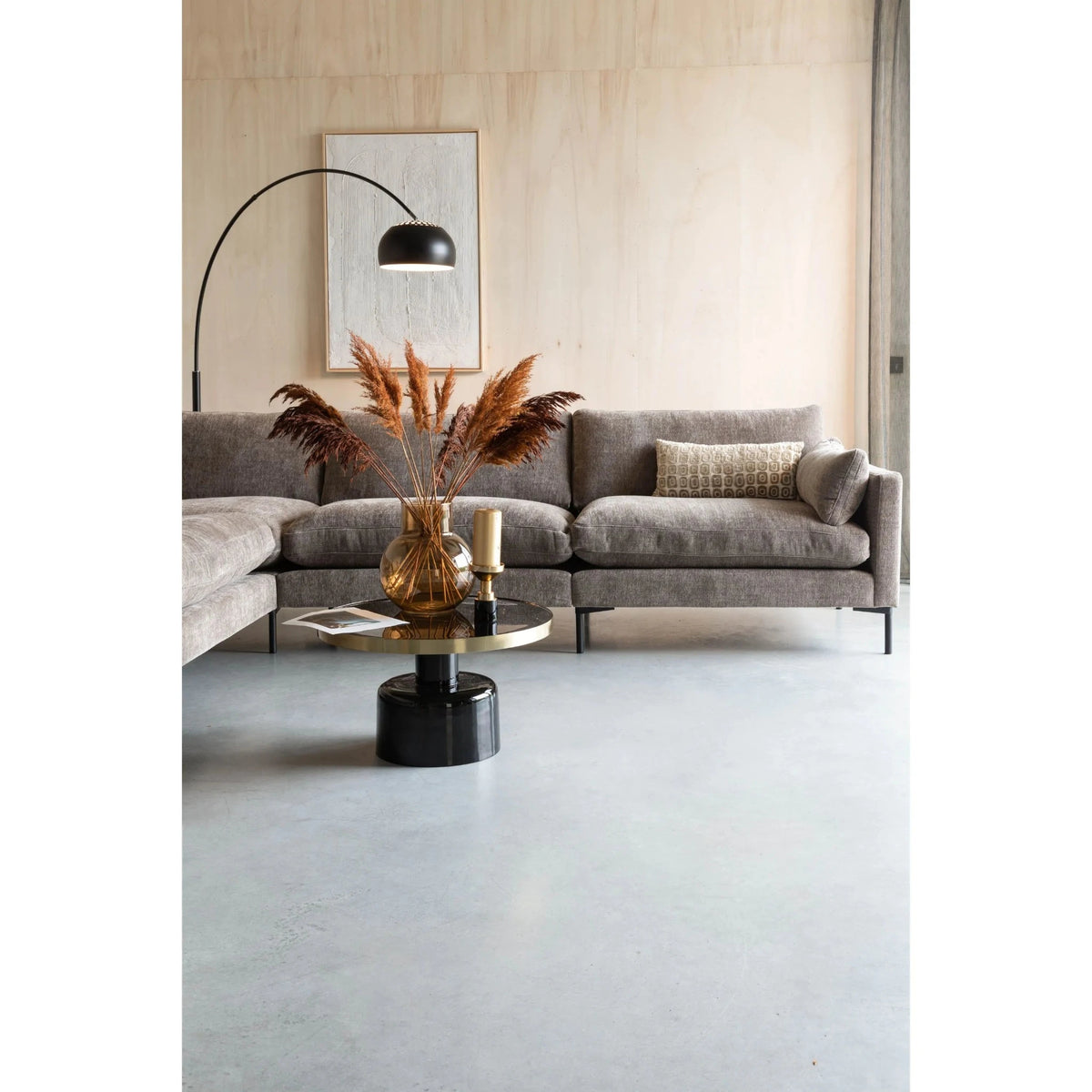Coffee Table Glam Black Domestica – Lifestyle – Grey Sofa and Arc Lamp, Wider View