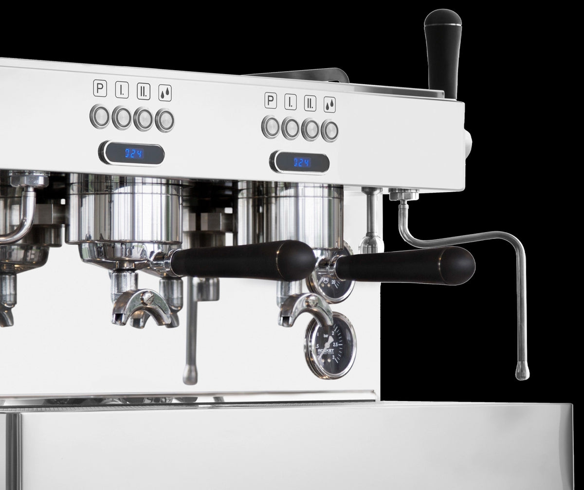 Coffee Machine R 9 Stainless Rocket Espresso Domestica – Group Heads and Display Close-up